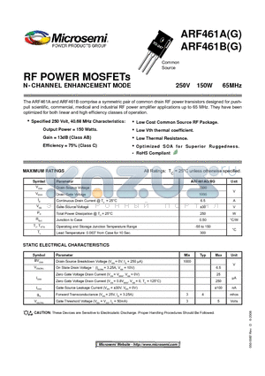 ARF461AG datasheet - RF POWER MOSFETs N-CHANNEL ENHANCEMENT MODE