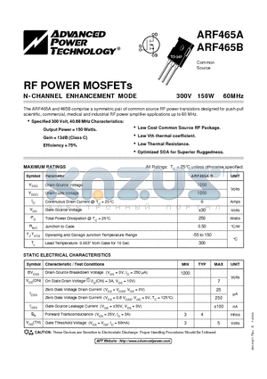 ARF465B datasheet - N-CHANNEL ENHANCEMENT MODE POWER MOSFETs