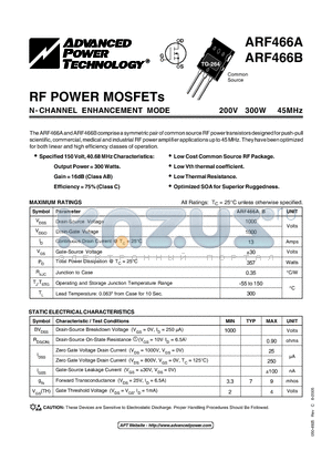 ARF466A datasheet - N-CHANNEL ENHANCEMENT MODE POWER MOSFETs