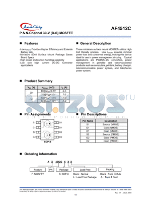 AF4512C datasheet - P & N-Channel 30-V (D-S) MOSFET