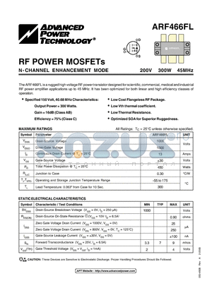 ARF466FL datasheet - RF POWER MOSFETs N-CHANNEL ENHANCEMENT MODE 200V 300W 45MHz