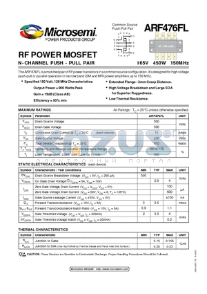 ARF476FL datasheet - RF POWER MOSFET N-CHANNEL PUSH - PULL PAIR