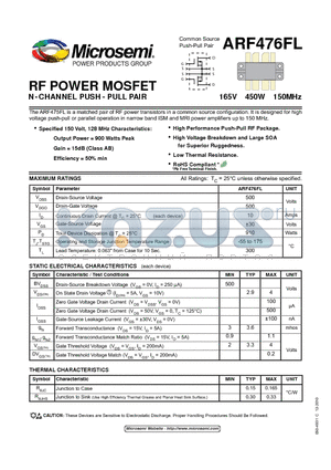 ARF476FL_10 datasheet - RF POWER MOSFET N-CHANNEL PUSH - PULL PAIR