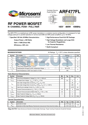 ARF477FL datasheet - RF POWER MOSFET N-CHANNEL PUSH - PULL PAIR