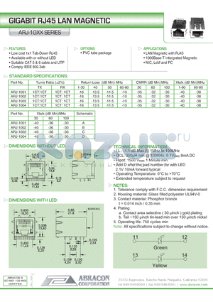 ARJ-1001 datasheet - GIGABIT RJ45 LAN MAGNETIC