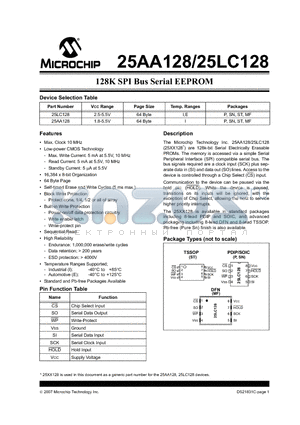 25AA128T-I/P datasheet - 128K SPI Bus Serial EEPROM