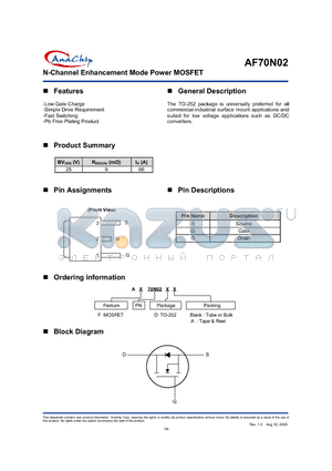 AF70N02 datasheet - N-Channel Enhancement Mode Power MOSFET