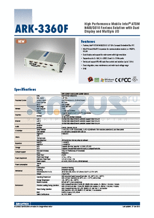 ARK-3360F datasheet - High Performance Mobile Intel^ ATOM N450/D510 Fanless Solution with Dual Display and Multiple I/O