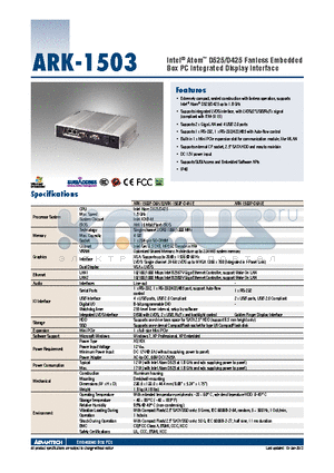 ARK-1503F-D4A1E datasheet - Intel^ Atom D525/D425 Fanless Embedded Box PC Integrated Display Interface