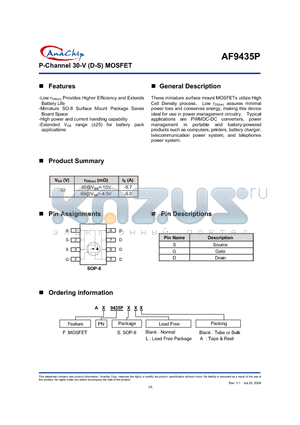 AF9435P datasheet - P-Channel 30-V (D-S) MOSFET