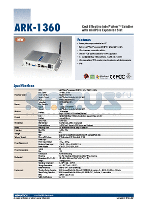 ARK-1360 datasheet - Cost Effective Intel^ Atom Solution with miniPCIe Expansion Slot