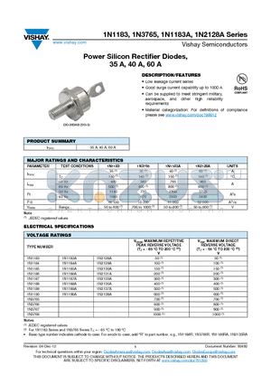 1N1190 datasheet - Power Silicon Rectifier Diodes, 35 A/40 A/60 A