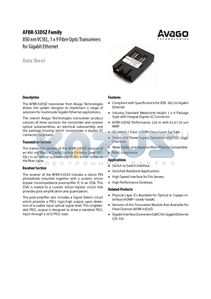 AFBR-53D5Z datasheet - 850 nm VCSEL, 1 x 9 Fibre Optic Transceivers for Gigabit Ethernet