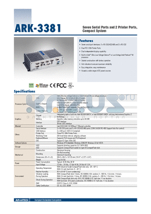 ARK-3381 datasheet - Seven Serial Ports and 2 Printer Ports, Compact System