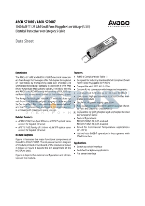 AFBR-5710Z datasheet - 1000BASE-T 1.25 GBd Small Form Pluggable Low Voltage (3.3 V) Electrical Transceiver over Category 5 Cable