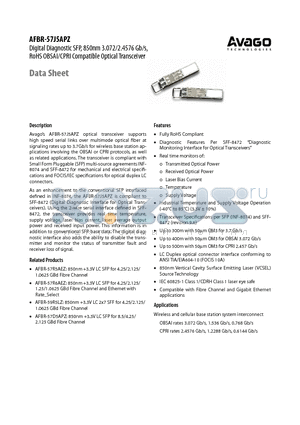 AFBR-57J5APZ datasheet - Digital Diagnostic SFP, 850nm 3.072/2.4576 Gb/s, RoHS OBSAI/CPRI Compatible Optical Transceiver