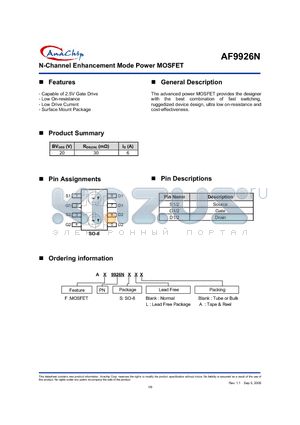 AF9926NS datasheet - N-Channel Enhancement Mode Power MOSFET