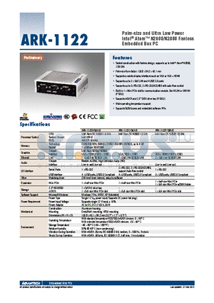 ARK-1122 datasheet - Palm-size and Ultra Low Power Intel^ Atom N2600/N2800 Fanless Embedded Box PC