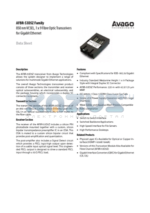 AFBR-53D5FZ datasheet - 850 nm VCSEL, 1 x 9 Fibre Optic Transceivers for Gigabit Ethernet