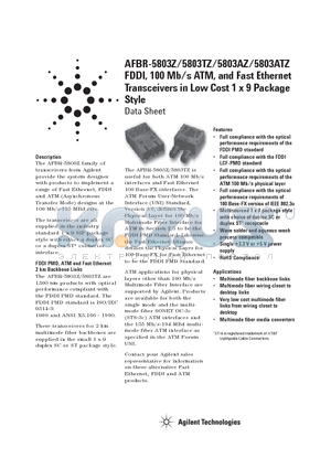 AFBR-5803TZ datasheet - FDDI, 100 Mb/s ATM, and Fast Ethernet Transceivers in Low Cost 1 x 9 Package Style