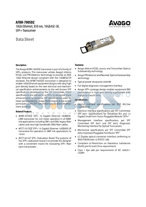 AFBR-700SDZ datasheet - 10Gb Ethernet, 850 nm, 10GBASE-SR, SFP Transceiver