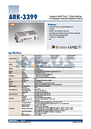 ARK-3399-1S6A1E datasheet - Compact Intel^ Core 2 Duo Solution for Signage/ Embedded System Control