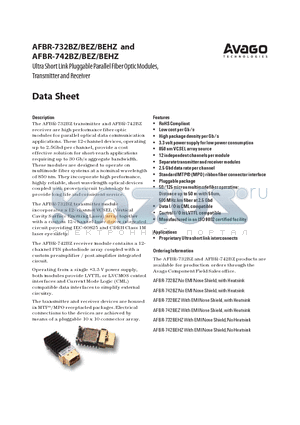 AFBR-732BEHZ datasheet - Ultra Short Link Pluggable Parallel Fiber Optic Modules, Transmitter and Receiver