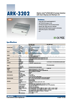 ARK-3202F-S6A1E datasheet - Mobile Intel^ ATOM N270 Fanless Solution with Dual Display and Multiple I/O
