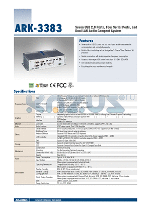 ARK-3383 datasheet - Seven USB 2.0 Ports, Four Serial Ports, and Dual LAN Audio Compact System