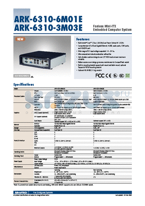 ARK-6310-3M03E datasheet - Fanless Mini-ITX Embedded Computer System