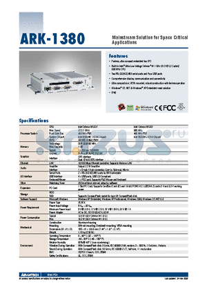 ARK-1380 datasheet - Mainstream Solution for Space Critical Applications
