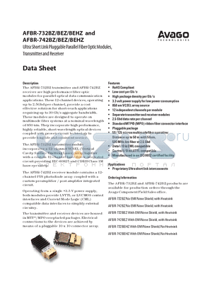 AFBR-742BEHZ datasheet - Ultra Short Link Pluggable Parallel Fiber Optic Modules, Transmitter and Receiver