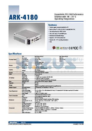 ARK-4180 datasheet - Expandable PCI-104 Performance Solution with -40 ~ 75` C Operating Temperature