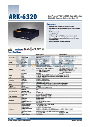 ARK-6320 datasheet - Intel^ Atom D510/D525 Cost-effective Mini-ITX Fanless Embedded Box PC