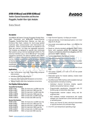 AFBR-810BEPZ datasheet - Twelve-Channel Transmitter and Receiver Pluggable, Parallel-Fiber-Optic Modules