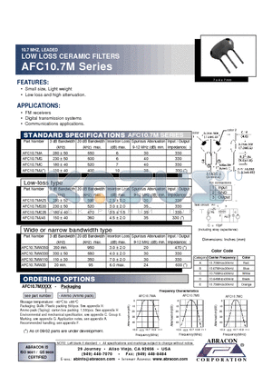 AFC10.7M datasheet - 10.7 MHZ, LEADED LOW LOSS CERAMIC FILTERS
