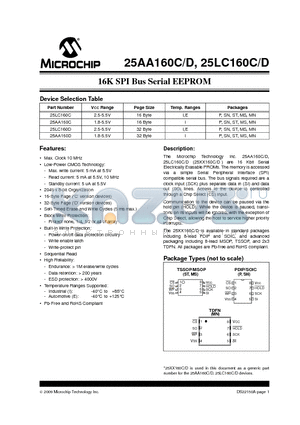 25AA160DT-E/SN datasheet - 16K SPI Bus Serial EEPROM