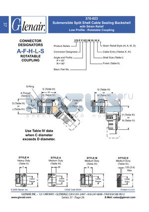 370AR023G16 datasheet - Submersible Split Shell Cable Sealing Backshell