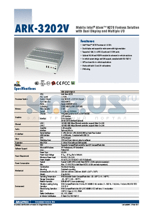 ARK-3202V-S6A1E datasheet - Mobile Intel^ Atom N270 Fanless Solution with Dual Display and Multiple I/O