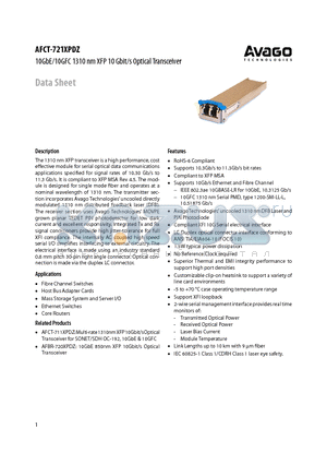 AFCT-721XPDZ datasheet - 10GbE/10GFC 1310 nm XFP 10 Gbit/s Optical Transceiver