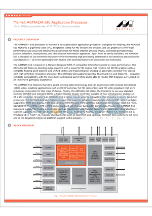 ARMADA610 datasheet - 1GHz, 1080p encode/decode, 45 MTPS 3D, Security enabled