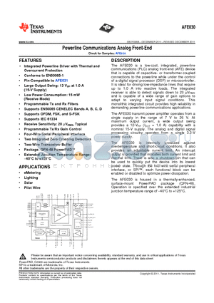 AFE030AIRGZT datasheet - Powerline Communications Analog Front-End