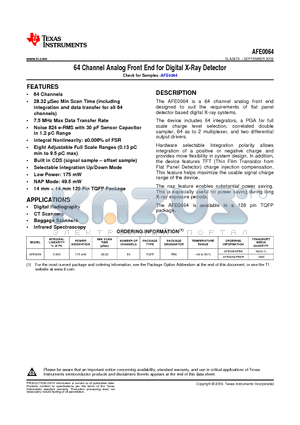 AFE0064IPBK datasheet - 64 Channel Analog Front End for Digital X-Ray Detector