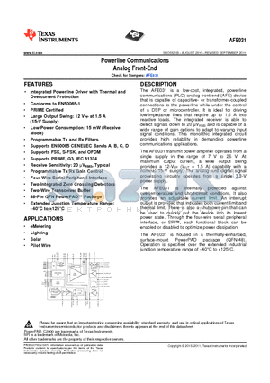 AFE031AIRGZT datasheet - Powerline Communications Analog Front-End