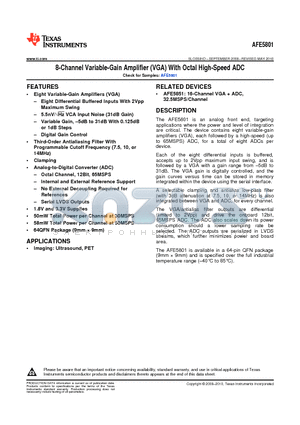 AFE5801IRGCR datasheet - 8-Channel  Variable-Gain Amplifier (VGA) With Octal High-Speed ADC