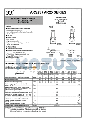 ARS2502 datasheet - 25.0 AMPS. HIGH CURRENT PLASTIC SILICON RECTIFIERS