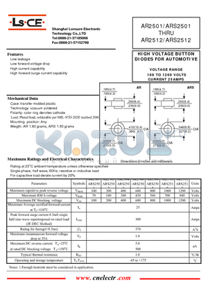 ARS2502 datasheet - HIGH VOLTAGE BUTTON DIODES FOR AUTOMOTIVE