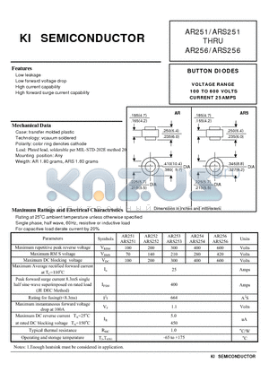 ARS252 datasheet - BUTTON DIODES VOLTAGE RANGE 100 TO 600 VOLTSCURRENT 25AMPS