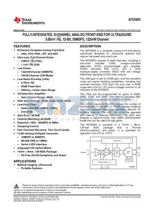 AFE5805ZCF datasheet - FULLY-INTEGRATED, 8-CHANNEL ANALOG FRONT-END FOR ULTRASOUND 0.85nV/Hz, 12-Bit, 50MSPS, 122mW/Channel