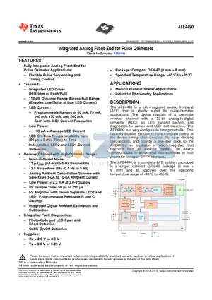 AFE4490RHAR datasheet - Integrated Analog Front-End for Pulse Oximeters